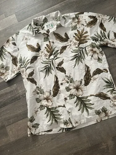kys hawaiian shirt Floral Brown Green Button Down Pocket Medium