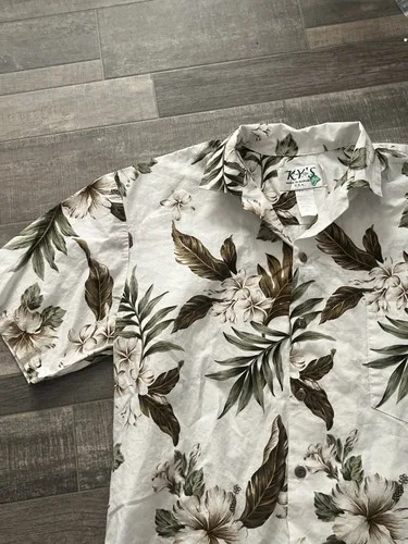 kys hawaiian shirt Floral Brown Green Button Down Pocket Medium - photo 4