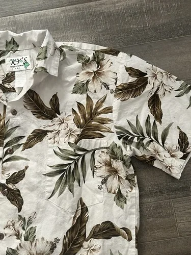 kys hawaiian shirt Floral Brown Green Button Down Pocket Medium - photo 5