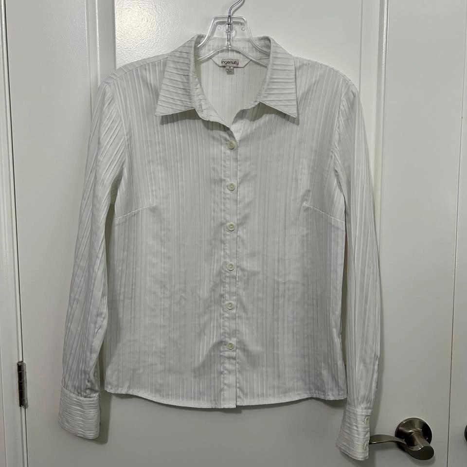 Ingenuity White Striped Button-Down Shirt – Long Sleeve, Size 4 - photo 2