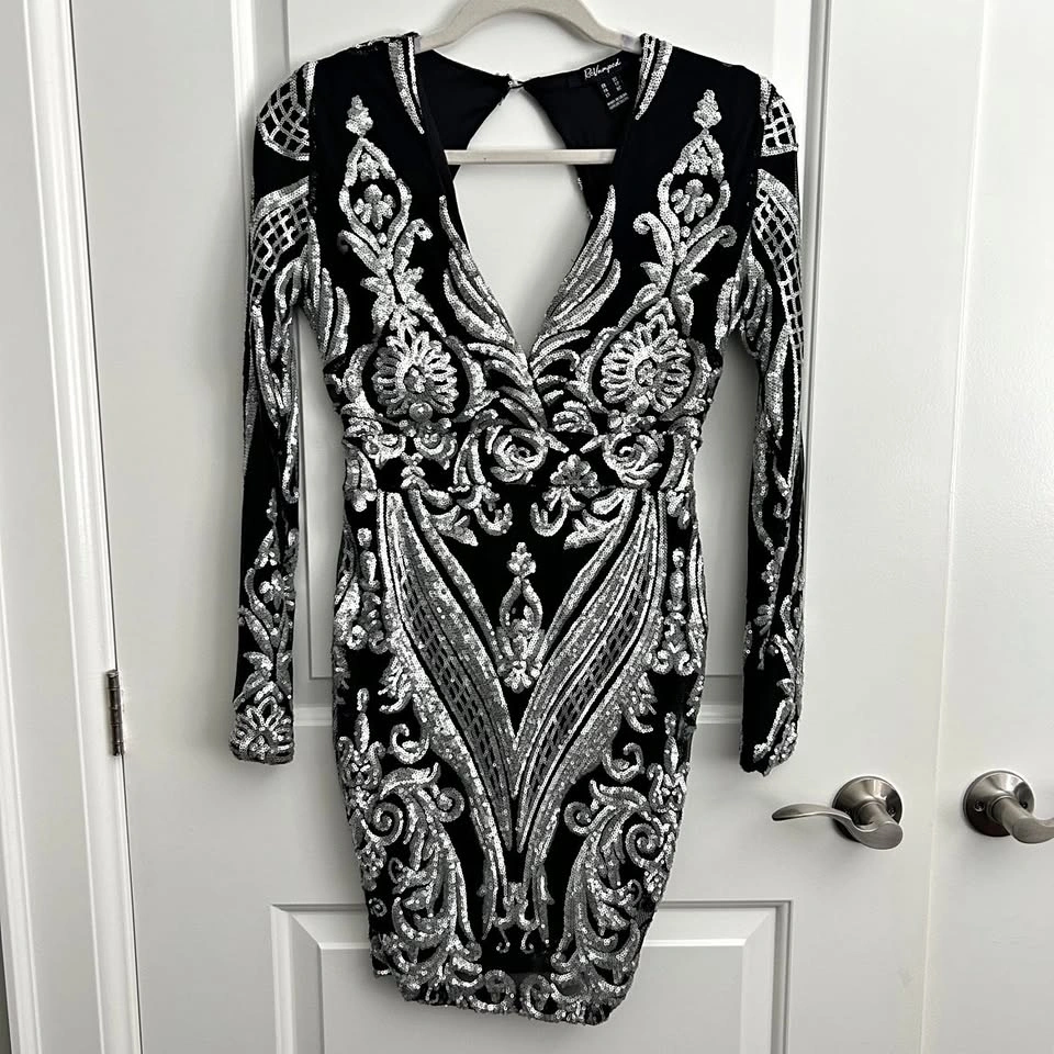 ReVamped Black & Silver Sequin Bodycon Dress - Size XS
