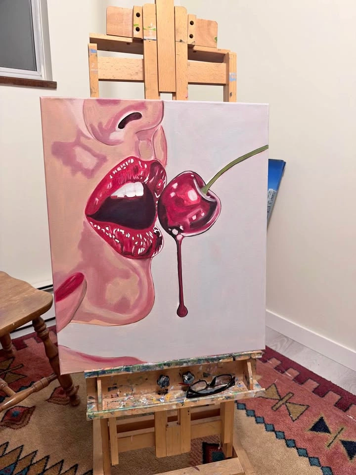 Original Cherry Lips Canvas Painting – Modern Pop Art