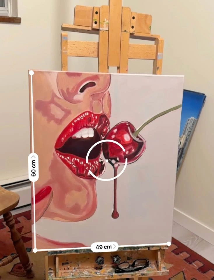 Original Cherry Lips Canvas Painting – Modern Pop Art - photo 2