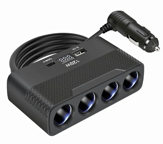 120W Car Cigarette Lighter Splitter – 4 Sockets + USB & Type-C