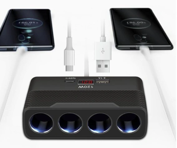 120W Car Cigarette Lighter Splitter – 4 Sockets + USB & Type-C - photo 2