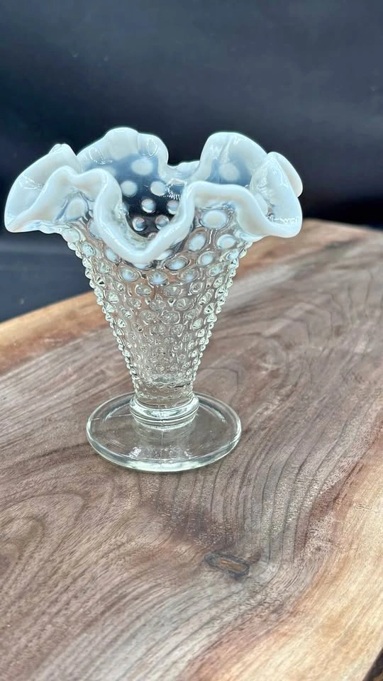 Vintage Fenton French Opalescent Hobnail Ruffled Vase