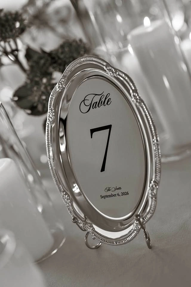 9 x Vintage Silver Tin Plates and Stands Used as Table Numbers