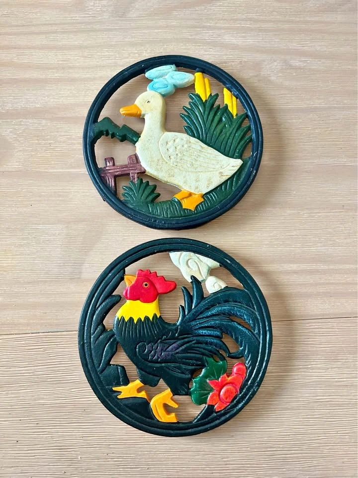Vintage Cast Iron Rooster & Duck Trivets Set of 2