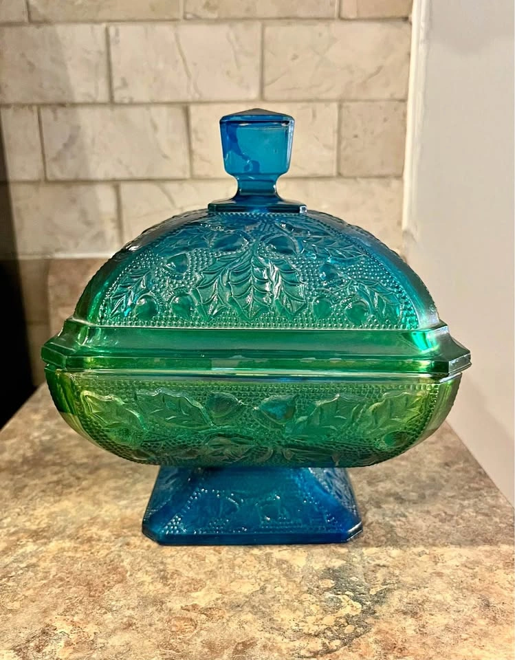 Vintage Jeannette Glass Blue Green Ombre Acorn Covered Candy Dis