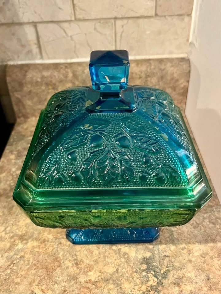 Vintage Jeannette Glass Blue Green Ombre Acorn Covered Candy Dis - photo 2