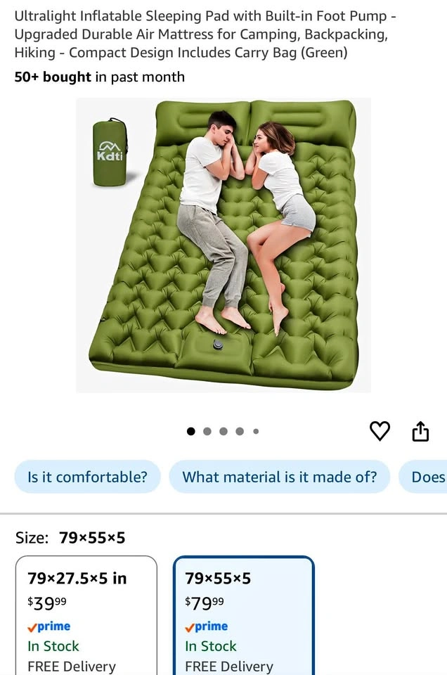 Extra-Wide Inflatable Camping Sleeping Pad – Built-in Foot Pump