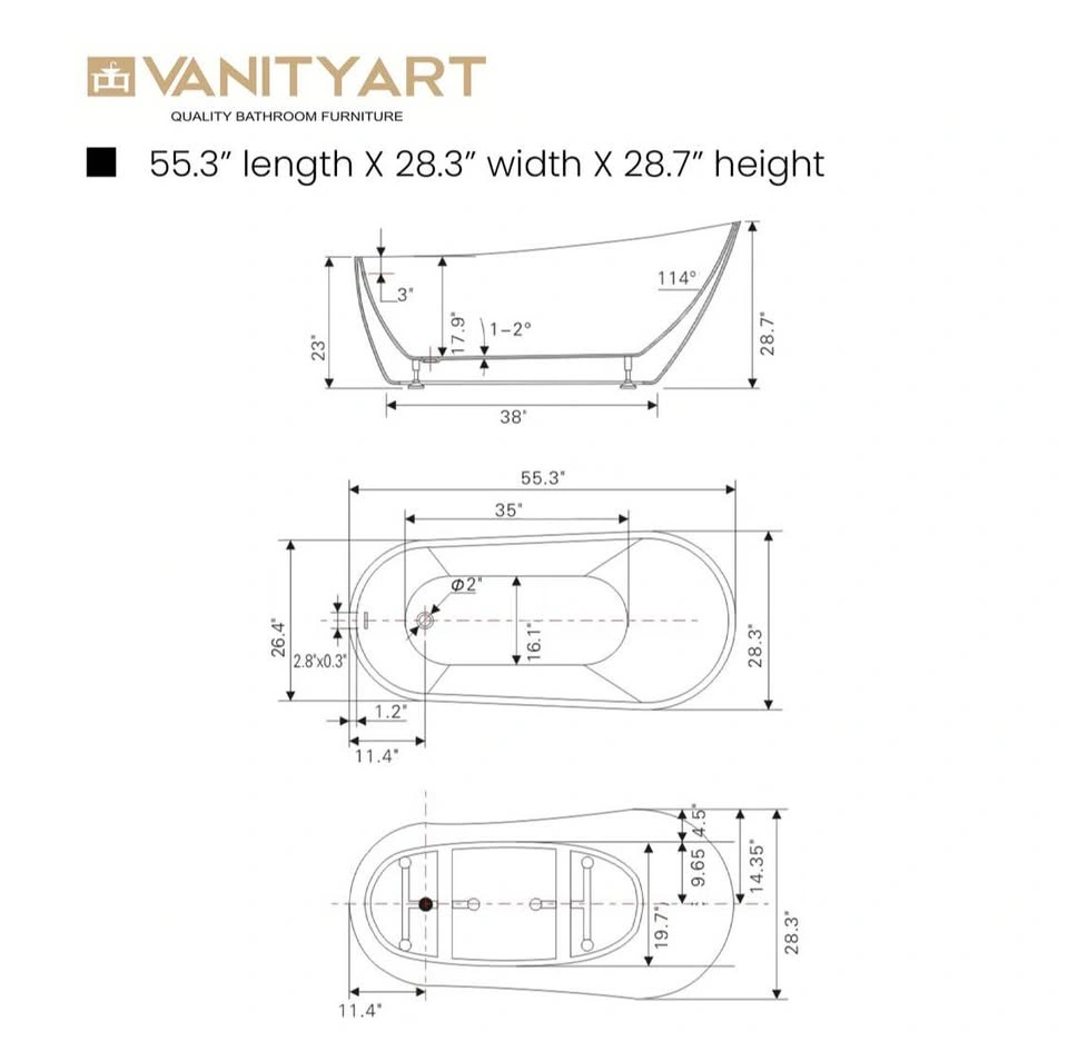 Bath Tub – Vanity Art 55” White Acrylic Freestanding Tub - photo 5