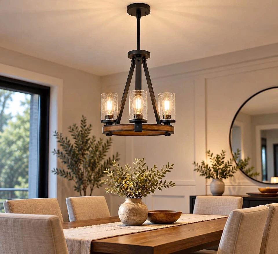 Modern Rustic Ceiling Light – Wood And Black Metal