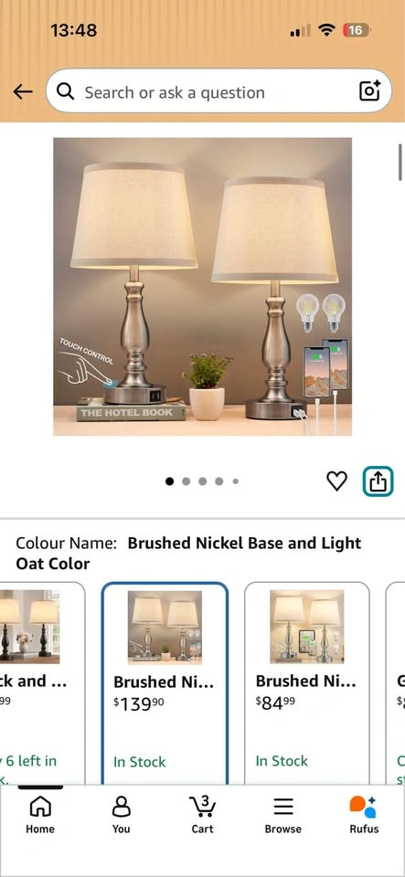 Set of 2 Brushed Nickel Touch Control Table Lamps with USB - photo 2