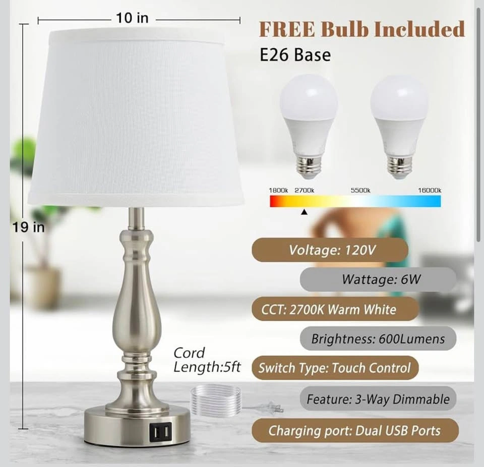 Set of 2 Brushed Nickel Touch Control Table Lamps with USB - photo 3