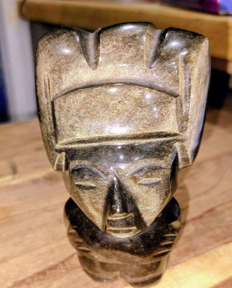 AZTEC/MAYAN GOLD SHEEN OBSIDIAN STONE CHIEF FIGURINE - photo 2
