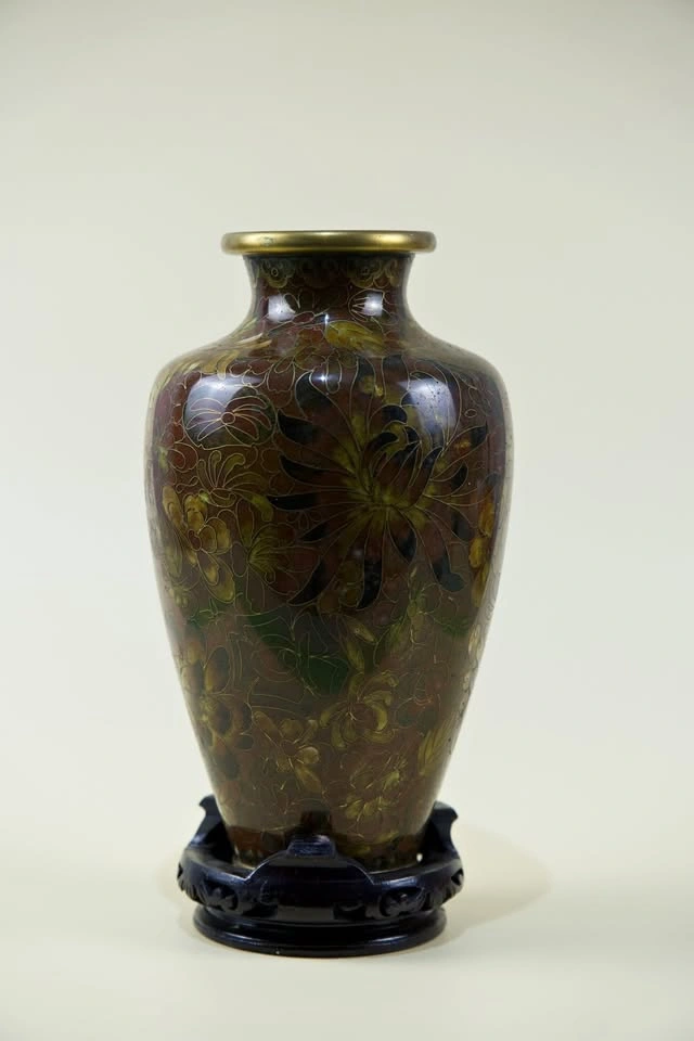 Vintage Chinese Cloisonné Vase with Wooden Stand
