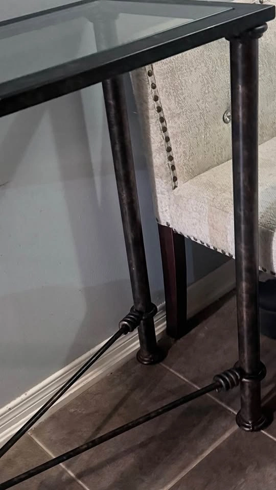 Console Table — Dark Chocolate Metal Frame, Glass Top