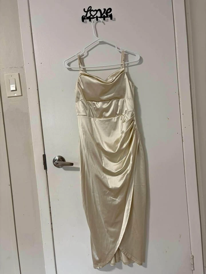 Champagne Satin Cowl Neck Ruched Midi Dress
