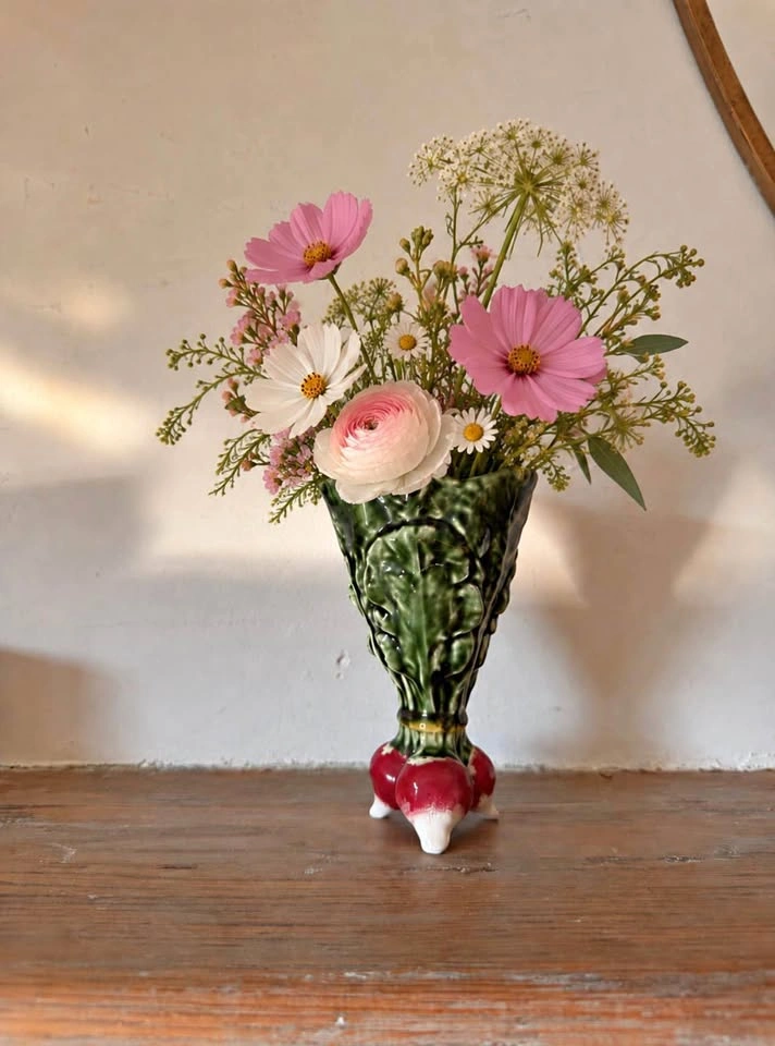 Vintage Ceramic Radish Bunch Vase – Green Leaf Majolica Style –