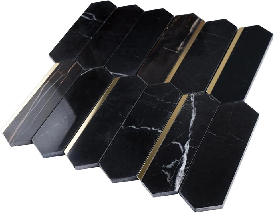 Long Hexagon Black and Gold Marble Mosaic Tile 10 Sheets - photo 5