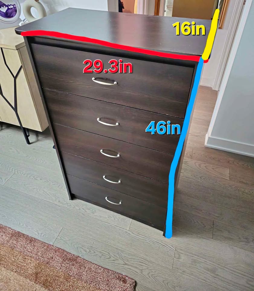 Premium Dark Walnut Wood Dresser - 5 Drawer