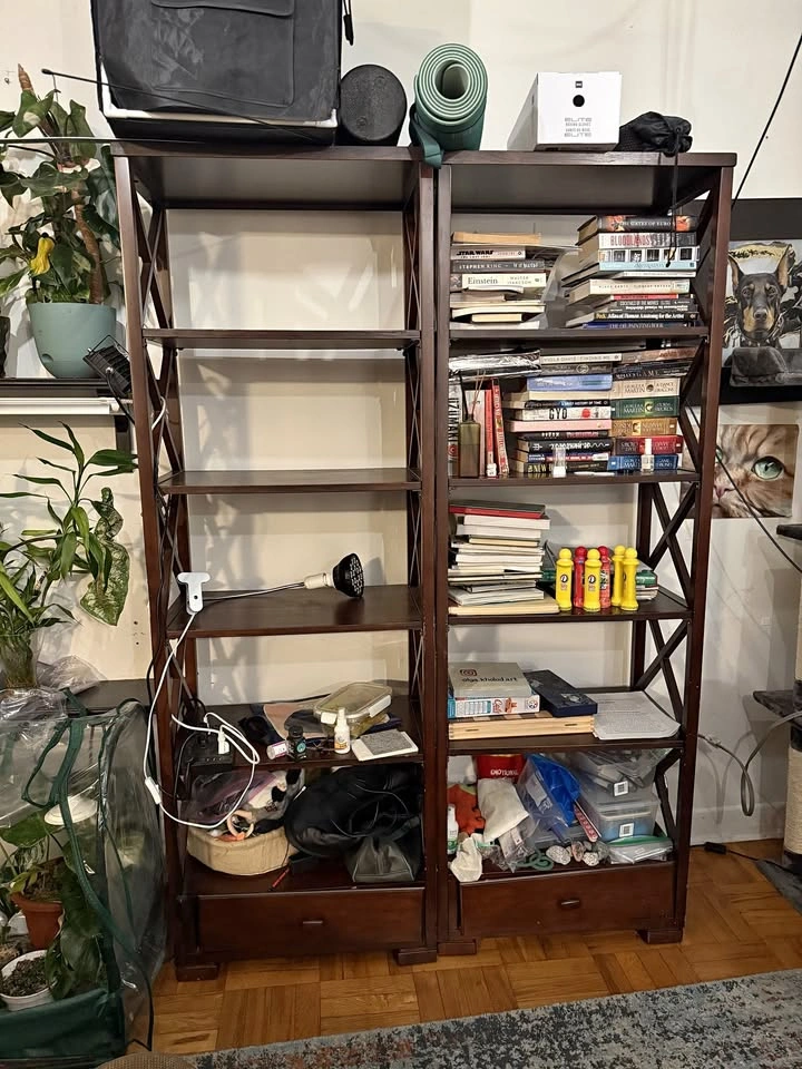 2 x dark brown wood bookshelves