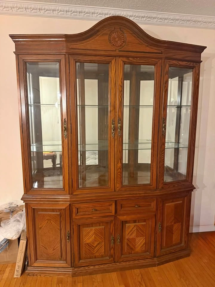 Large Vintage Wood Cabinet / Display – Glass Doors & Shelves