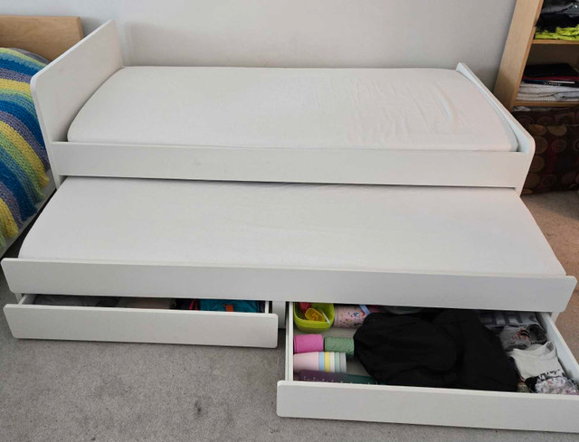 Twin Bed Frame w/ Pullout bed & storage & mattresses (like new)
