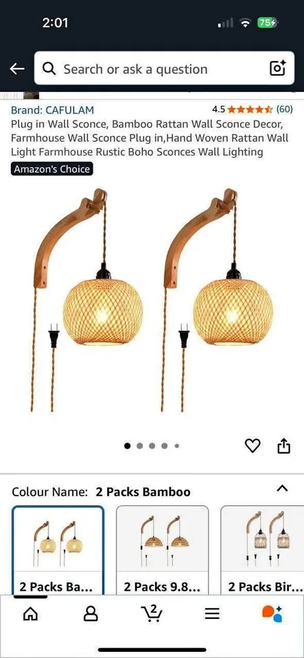 2x Bamboo Plug-in Wall Sconces thumbnail