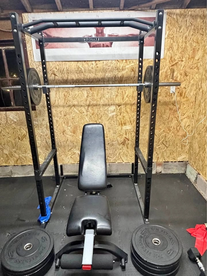 Ironax Power Rack with XM Fitness Bumper Plates and Bench