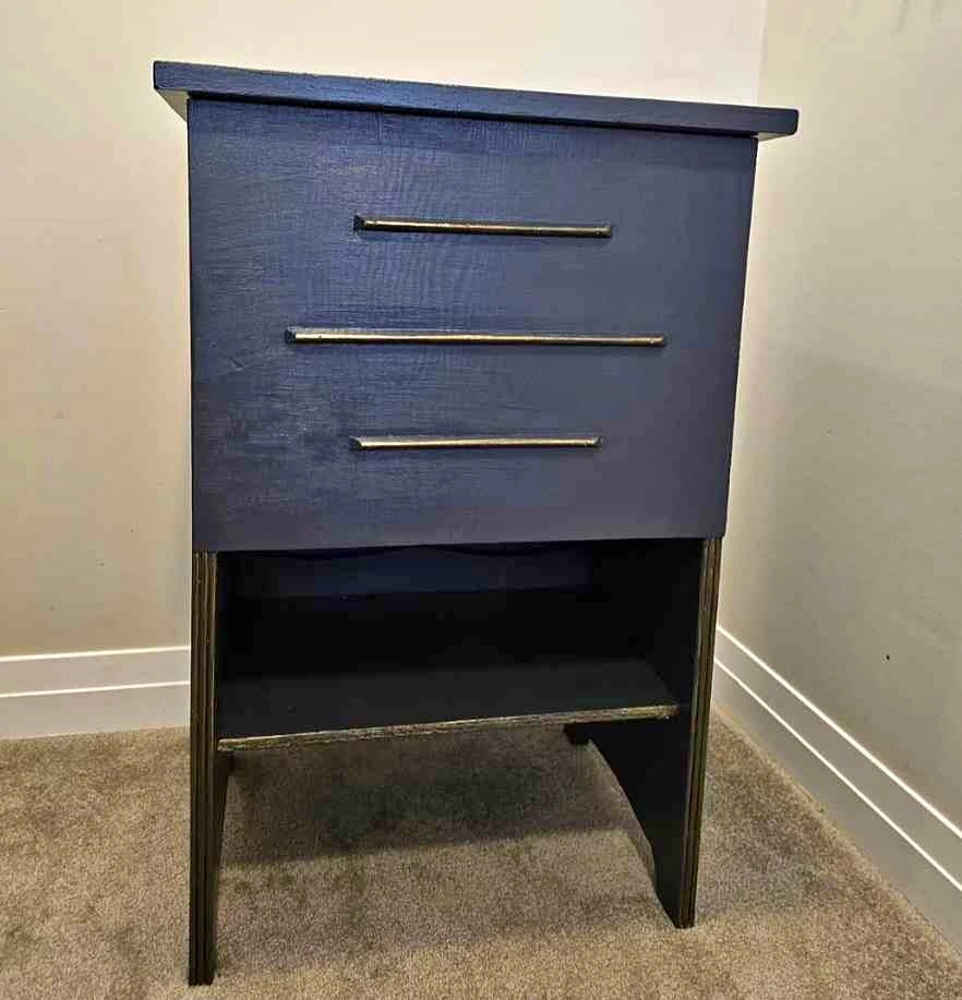 Refinished sewing machine storage stand with gold accents