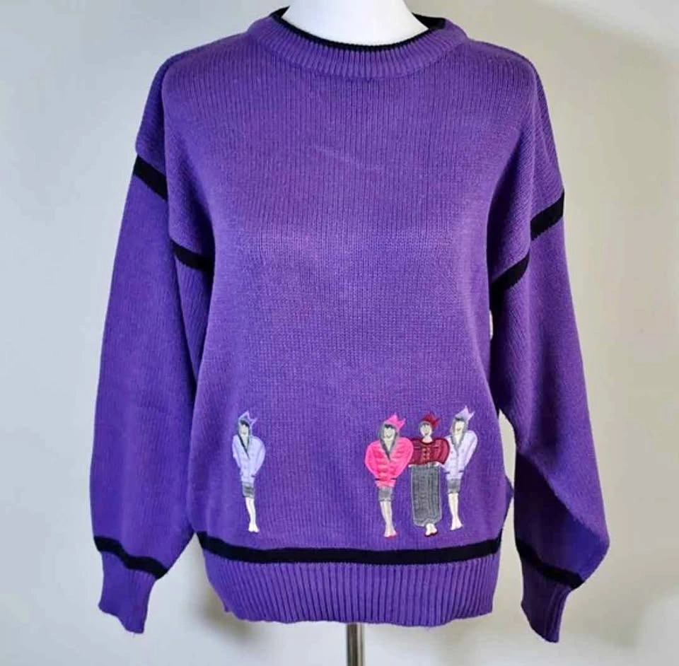 Vintage Purple Crewneck Sweater with Embroidered Figures