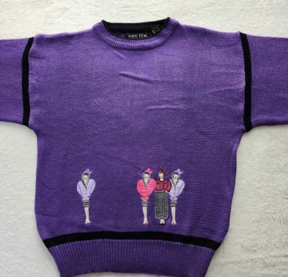 Vintage Purple Crewneck Sweater with Embroidered Figures - photo 3