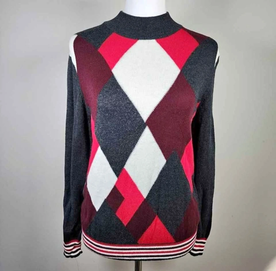 Vintage, Women’s Argyle Mock Neck Sweater - Red, White, Charcoal