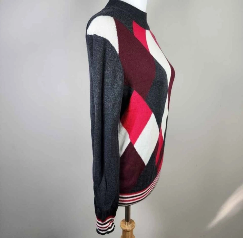 Vintage, Women’s Argyle Mock Neck Sweater - Red, White, Charcoal - photo 2