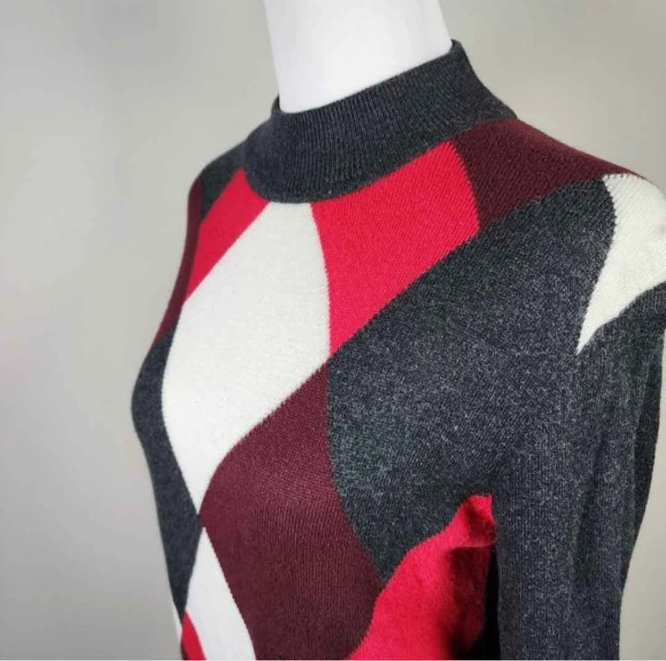 Vintage, Women’s Argyle Mock Neck Sweater - Red, White, Charcoal - photo 3