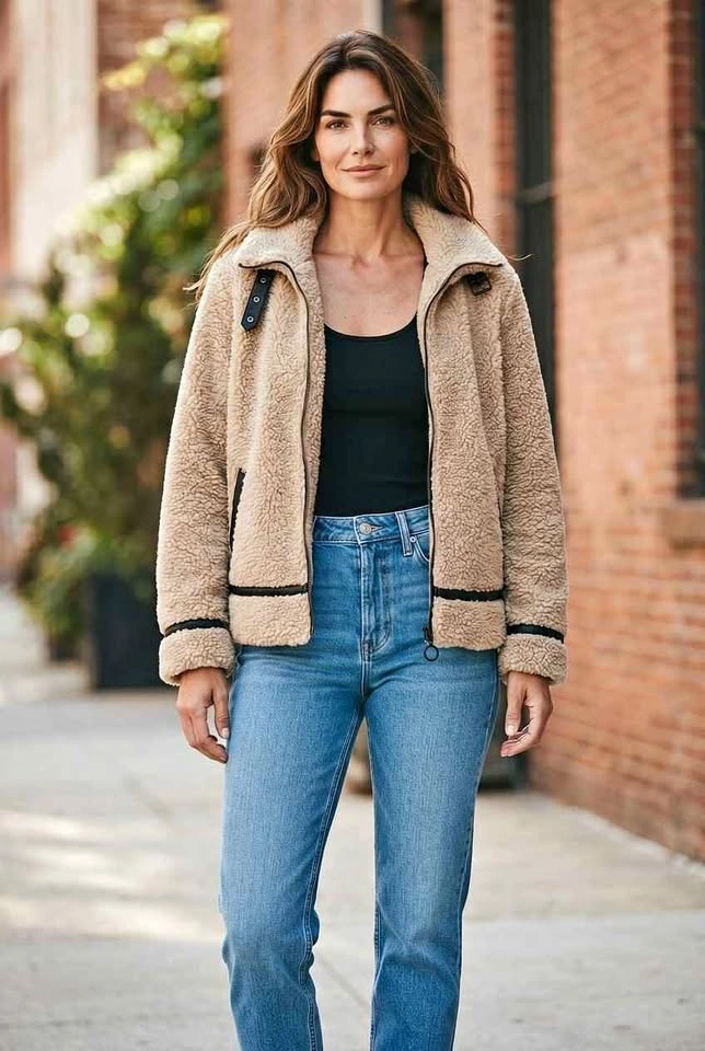 Steve Madden Tan Teddy Sherpa Jacket with Black Trim