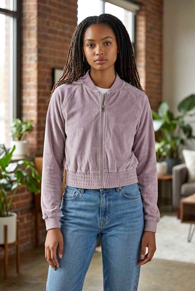 Guess Mauve Velour Cropped Bomber Jacket