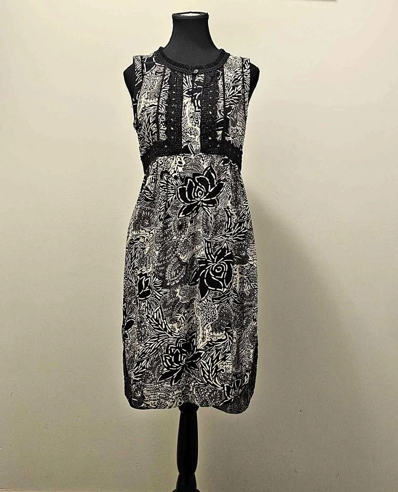 Anthropologie Black & Cream Floral Lace-Trim Midi Dress