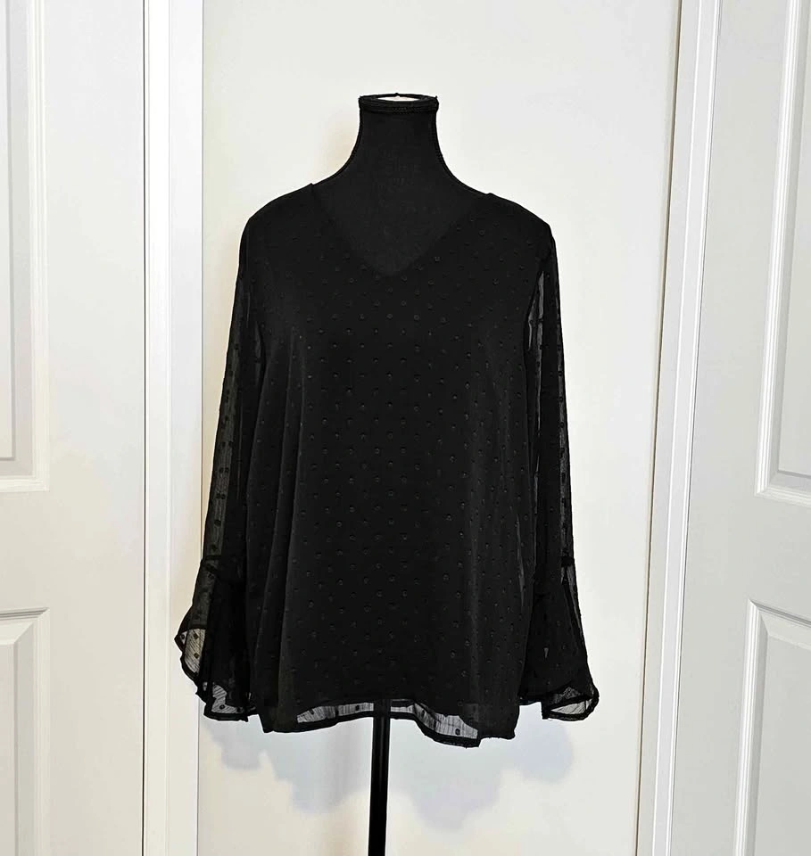 Black V-Neck Swiss Dot Long Sleeve Blouse with Flowing Sleeves