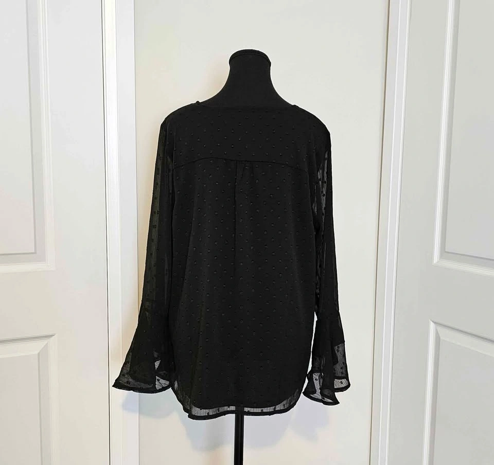 Black V-Neck Swiss Dot Long Sleeve Blouse with Flowing Sleeves - photo 2