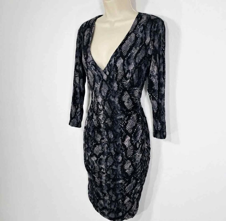 H&M Black & Grey Snake-Print Long Sleeve Wrap Dress