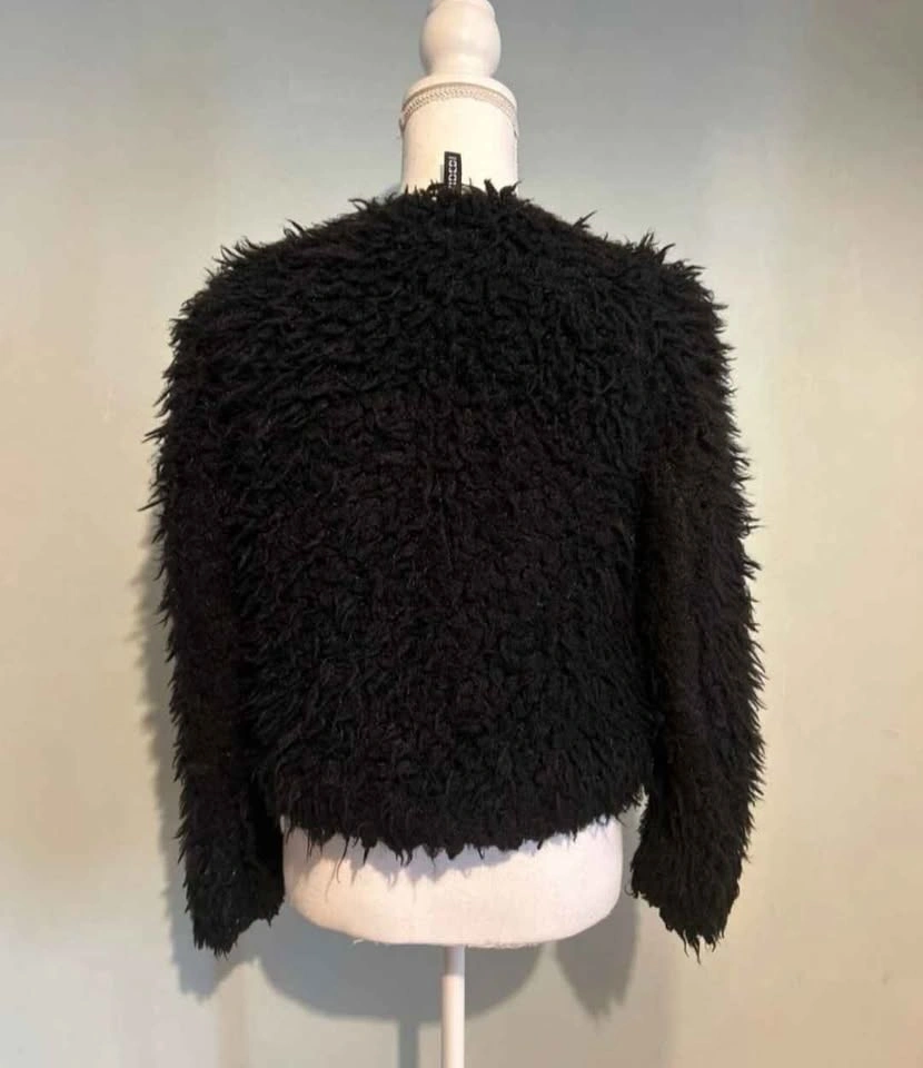 H&M Black Faux Fur Teddy Jacket - Cropped Open Front - photo 2