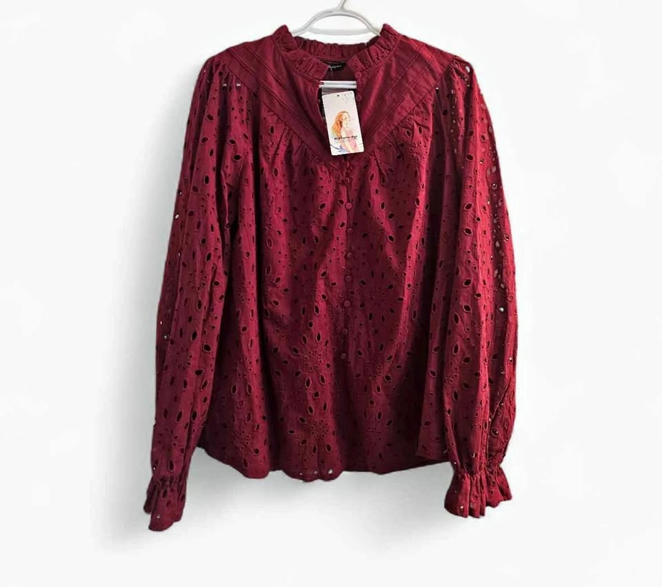 Elegant Burgundy Eyelet Blouse