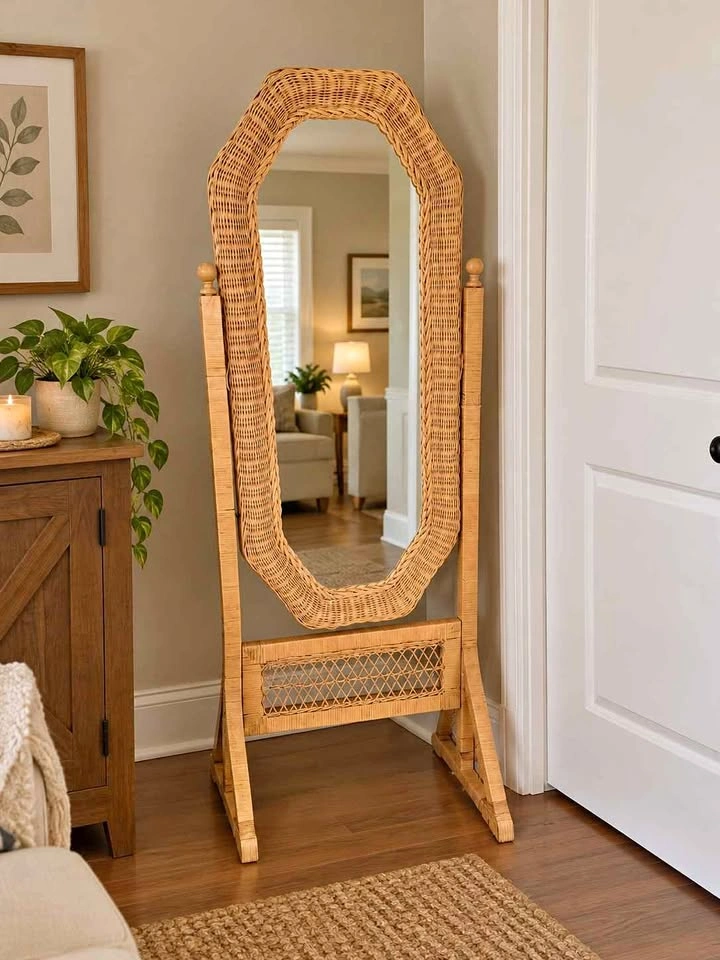 Vintage Bohemian Wicker Cheval Mirror