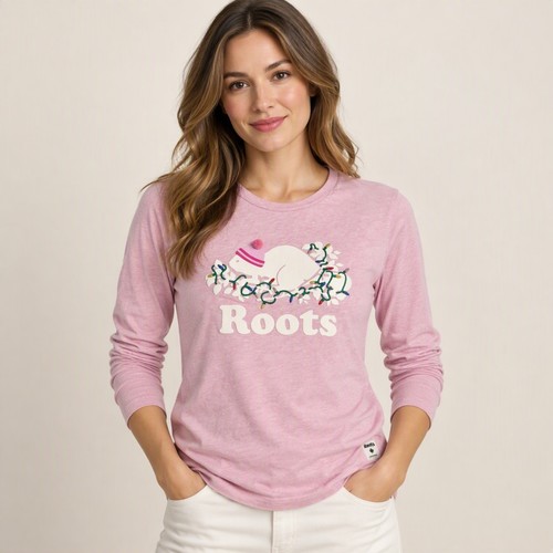Roots Pink Holiday Beaver Graphic Tee XS
