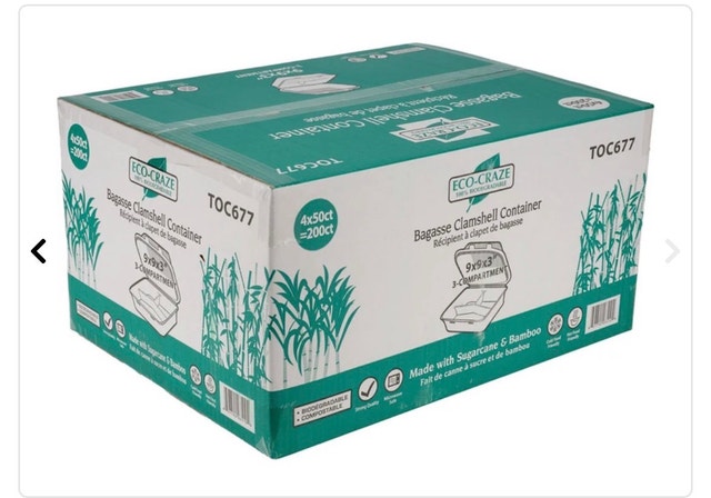 New Eco-Craze Bagasse 3 Compartment Clamshell Food Containers