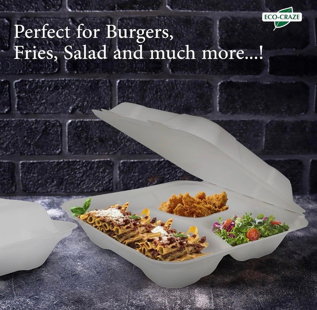 New Eco-Craze Bagasse 3 Compartment Clamshell Food Containers - photo 2
