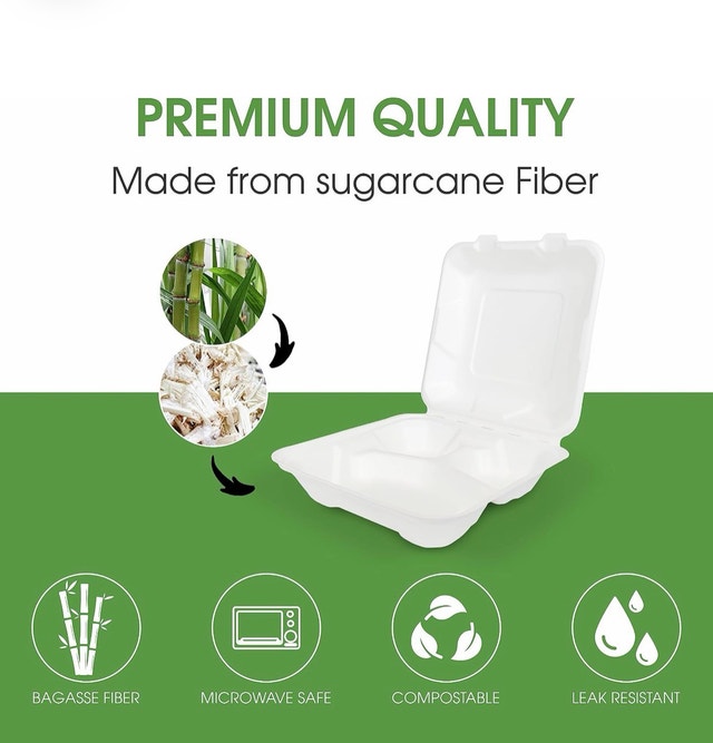 New Eco-Craze Bagasse 3 Compartment Clamshell Food Containers - photo 3